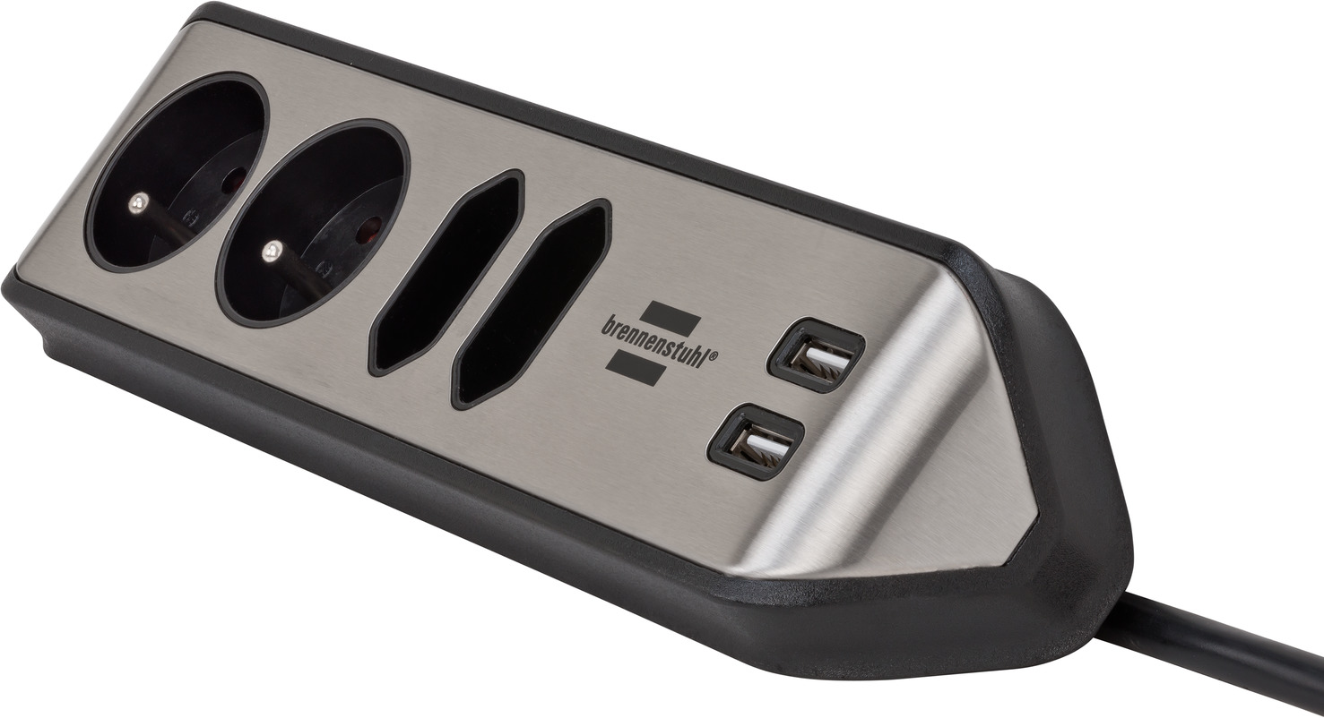 Prolongateur multiprise brennenstuhl®estilo avec fonction de charge USB 4  voies 2x contact de protection & 2x Euro argent/noir *BE*